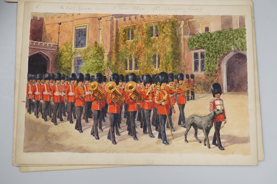 Charles Howard (19th/20th. C), London Pageantry scenes to include - Changing sentries at Buckingham Palace, Irish Guards at St. James's Palace and Lifeguards at Horseguards, some monogrammed, set of five original waterco